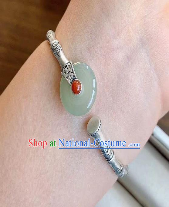 Chinese Handmade Jade Coral Bangle Jewelry Accessories Classical Silver Bamboo Bracelet