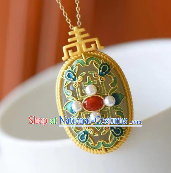 China Handmade Jade Necklace Pendant Jewelry Accessories Traditional Qing Dynasty Pearls Necklet