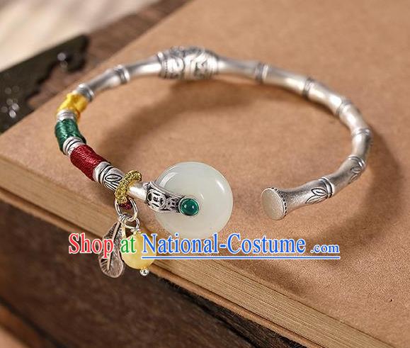 China Handmade Jade Peace Buckle Bracelet Accessories Traditional Silver Bamboo Bangle Jewelry