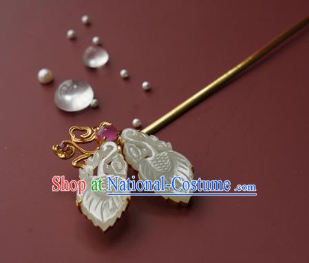 China Traditional Jade Fish Hairpin Handmade Hair Accessories Ming Dynasty Empress Tourmaline Hair Stick