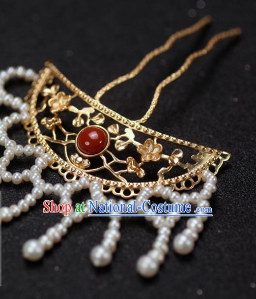 China Traditional Ming Dynasty Hair Accessories Ancient Princess Golden Hair Stick Handmade Pearls Tassel Hairpin