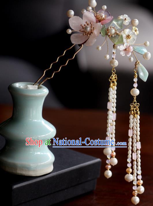 China Ancient Princess Shell Flowers Hair Stick Handmade Pearls Tassel Hairpin Traditional Ming Dynasty Hair Accessories