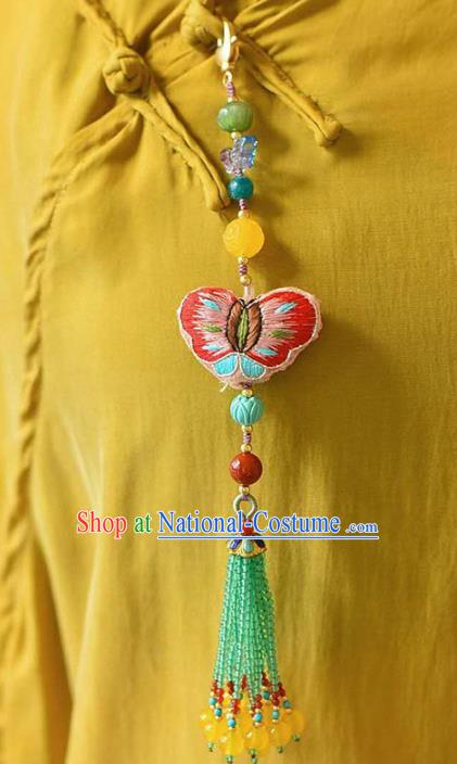 Chinese Classical Green Beads Tassel Necklace National Handmade Embroidered Butterfly Brooch Jewelry Accessories Pendant