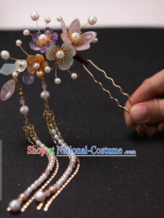 China Traditional Ming Dynasty Pearls Tassel Hairpin Handmade Hair Accessories Ancient Princess Plum Blossom Hair Stick