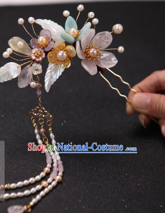 China Ancient Princess Pearls Tassel Hair Stick Handmade Hair Accessories Traditional Ming Dynasty Shell Leaf Hairpin