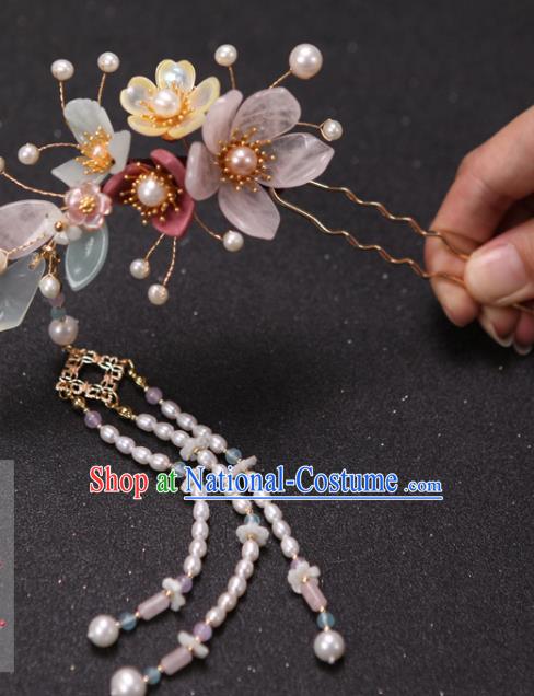 China Handmade Hairpin Ancient Princess Pearls Tassel Hair Stick Traditional Ming Dynasty Hair Accessories