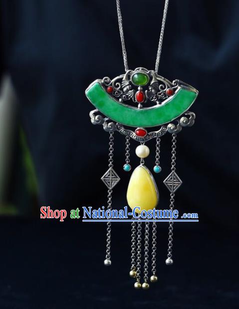 Chinese Classical Beeswax Necklet Pendant Handmade Jade Accessories National Silver Tassel Necklace