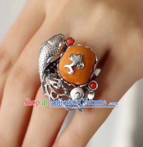 Chinese National Beeswax Ring Jewelry Traditional Handmade Silver Fish Circlet Accessories