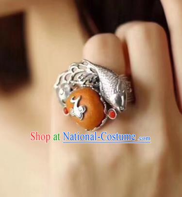 Chinese National Beeswax Ring Jewelry Traditional Handmade Silver Fish Circlet Accessories