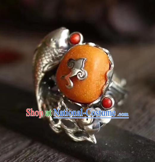 Chinese National Beeswax Ring Jewelry Traditional Handmade Silver Fish Circlet Accessories