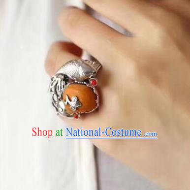 Chinese National Beeswax Ring Jewelry Traditional Handmade Silver Fish Circlet Accessories