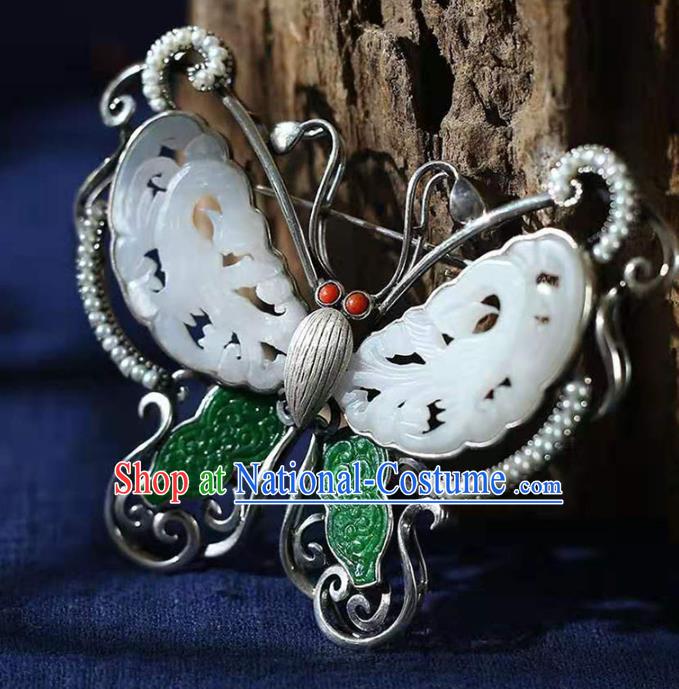 Chinese Handmade Butterfly Breastpin Pendant White Jade Brooch Accessories Traditional Silver Jewelry