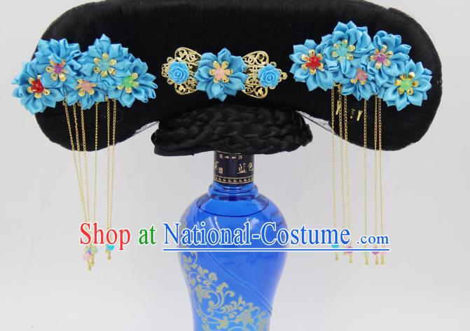 Chinese Ancient Princess Wigs Great Wing Qing Dynasty Palace Lady Hair Chignon and Blue Silk Flowers Hairpins