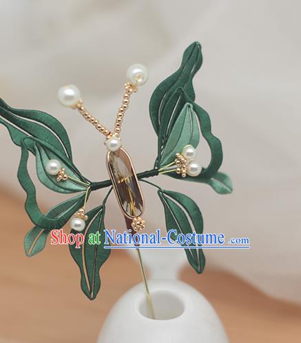 Chinese Handmade Hair Accessories Classical Hairpin Traditional Green Silk Butterfly Hair Stick