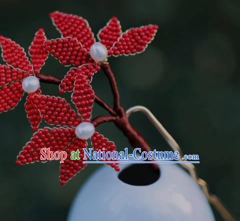 Chinese Traditional Handmade Hanfu Hairpin Ancient Princess Red Beads Maple Leaf Hair Stick