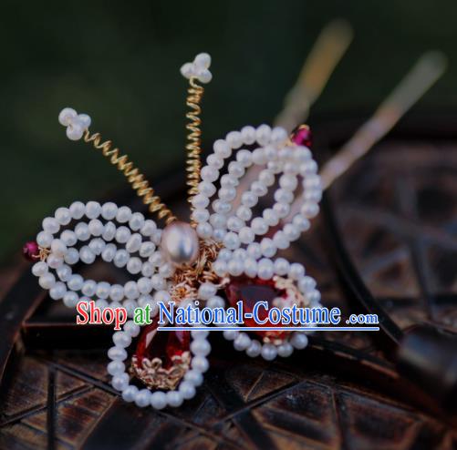 Chinese Traditional Hanfu Crystal Hairpin Ancient Ming Dynasty Princess Beads Butterfly Hair Stick