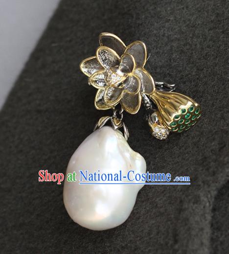 Chinese Cheongsam Jewelry Accessories Classical Silver Lotus Brooch Handmade National Pearl Tassel Breastpin Pendant