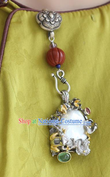 Chinese Classical Silver Lotus Brooch Handmade National Pearl Breastpin Pendant Cheongsam Jewelry Accessories