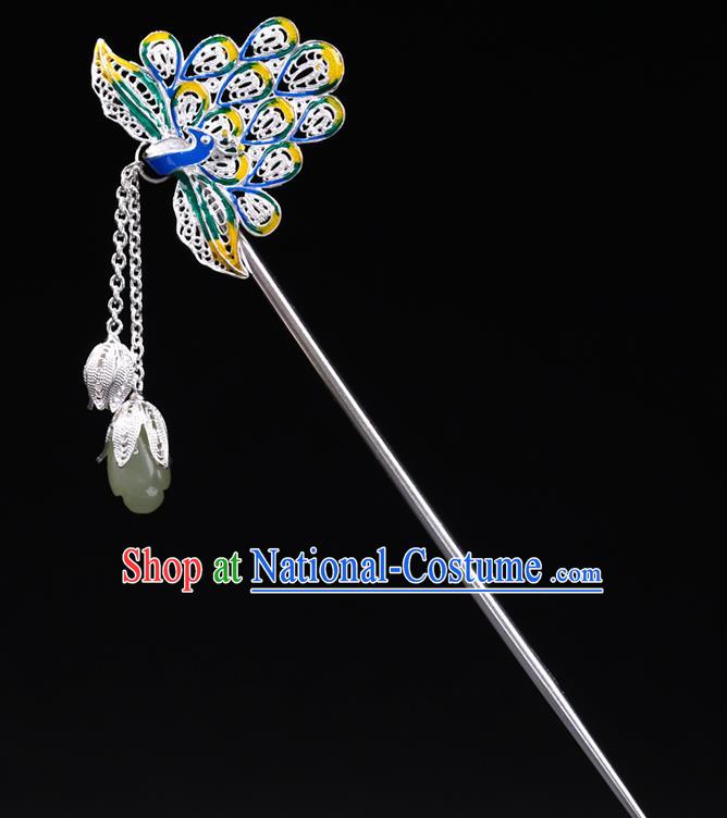 China National Cloisonne Peacock Hairpin Handmade Hair Jewelry Accessories Traditional Cheongsam Jade Magnolia Tassel Silver Hair Clip