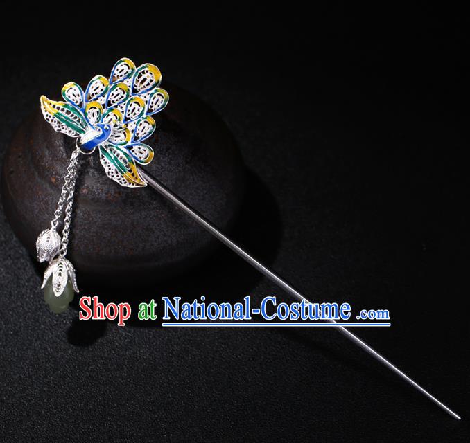 China National Cloisonne Peacock Hairpin Handmade Hair Jewelry Accessories Traditional Cheongsam Jade Magnolia Tassel Silver Hair Clip