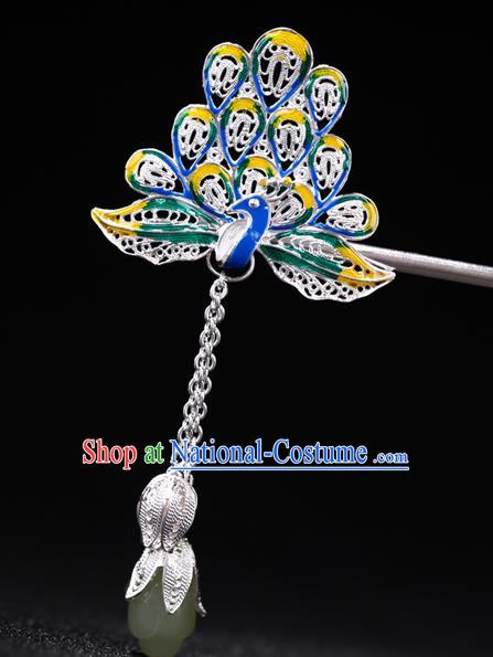 China National Cloisonne Peacock Hairpin Handmade Hair Jewelry Accessories Traditional Cheongsam Jade Magnolia Tassel Silver Hair Clip