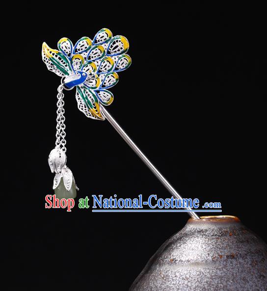 China National Cloisonne Peacock Hairpin Handmade Hair Jewelry Accessories Traditional Cheongsam Jade Magnolia Tassel Silver Hair Clip