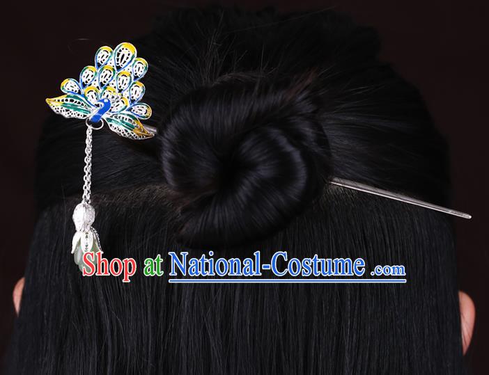 China National Cloisonne Peacock Hairpin Handmade Hair Jewelry Accessories Traditional Cheongsam Jade Magnolia Tassel Silver Hair Clip