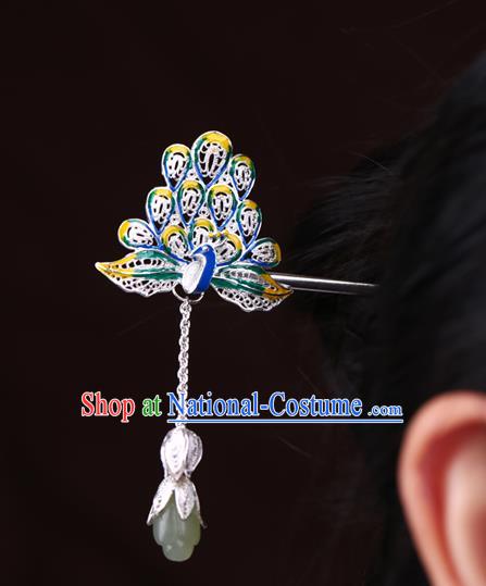 China National Cloisonne Peacock Hairpin Handmade Hair Jewelry Accessories Traditional Cheongsam Jade Magnolia Tassel Silver Hair Clip