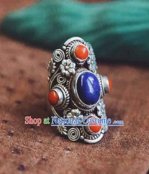 China Traditional Silver Circlet National Corallite Ring Handmade Lapis Jewelry Accessories