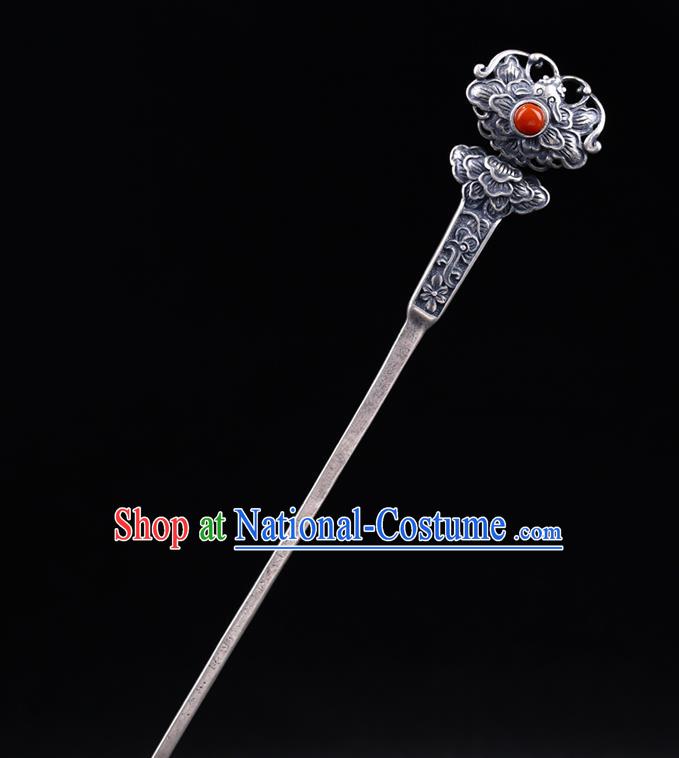 China National Corallite Hairpin Handmade Hair Jewelry Accessories Traditional Cheongsam Silver Carving Peony Hair Stick