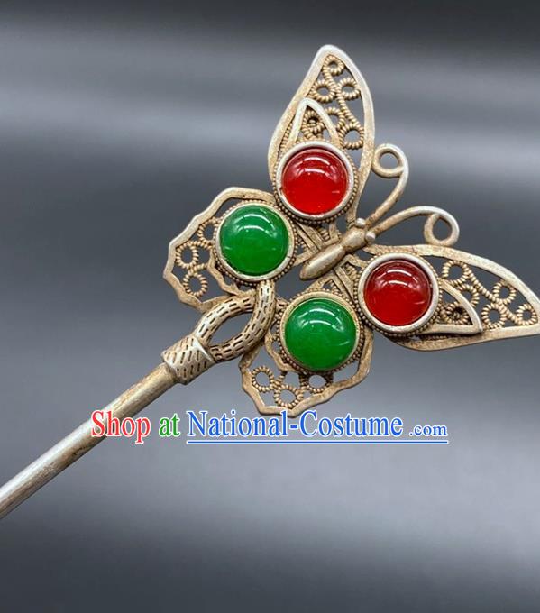 China Classical Silver Butterfly Hairpin Handmade Gems Hair Stick Traditional Hair Accessories