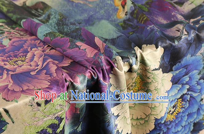 Chinese Printing Brocade Cloth Drapery Gambiered Guangdong Gauze Traditional Cheongsam Royal Purple Peony Pattern Silk Fabric