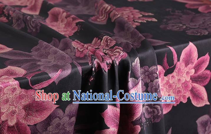 Chinese Traditional Cheongsam Black Brocade Fabric Classical Purple Peony Pattern Silk Drapery