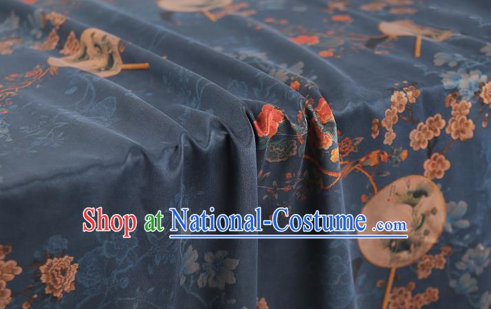 Chinese Classical Plum Blossom Fan Pattern Silk Fabric Navy Gambiered Guangdong Gauze Traditional Qipao Dress Brocade Cloth