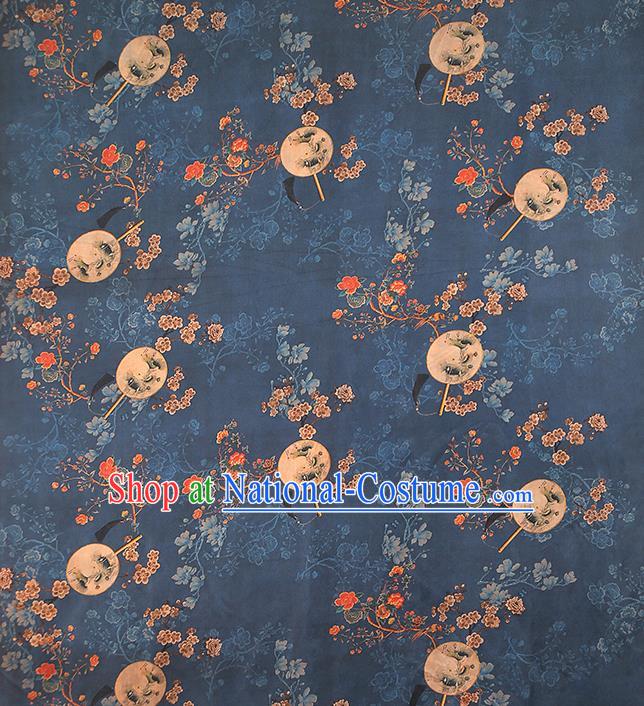 Chinese Classical Plum Blossom Fan Pattern Silk Fabric Navy Gambiered Guangdong Gauze Traditional Qipao Dress Brocade Cloth