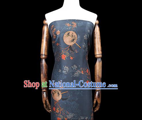 Chinese Classical Plum Blossom Fan Pattern Silk Fabric Navy Gambiered Guangdong Gauze Traditional Qipao Dress Brocade Cloth