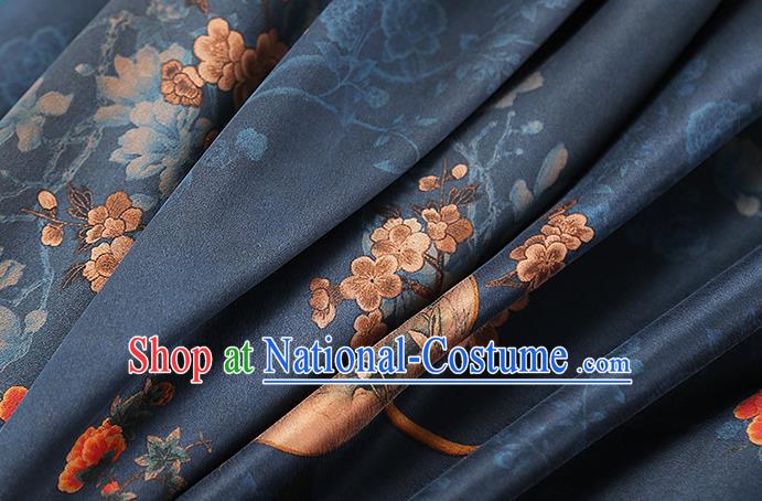 Chinese Classical Plum Blossom Fan Pattern Silk Fabric Navy Gambiered Guangdong Gauze Traditional Qipao Dress Brocade Cloth