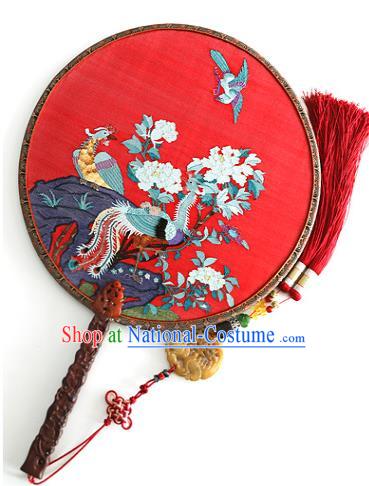 China Traditional Hanfu Red Silk Palace Fan Ancient Princess Circular Fan Handmade Wedding Embroidered Phoenix Peony Fans