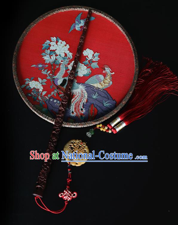 China Traditional Hanfu Red Silk Palace Fan Ancient Princess Circular Fan Handmade Wedding Embroidered Phoenix Peony Fans