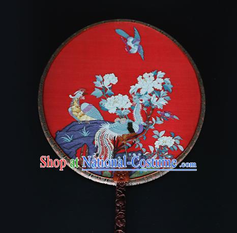 China Traditional Hanfu Red Silk Palace Fan Ancient Princess Circular Fan Handmade Wedding Embroidered Phoenix Peony Fans