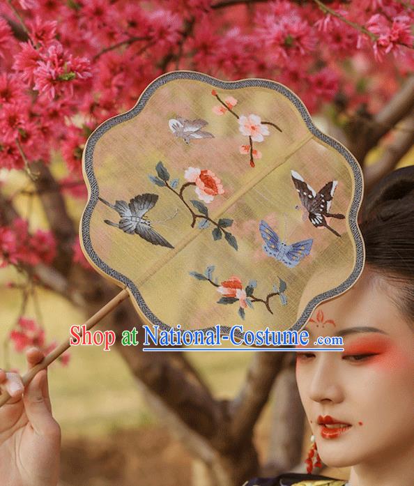 China Traditional Wedding Yellow Silk Fans Handmade Painting Butterfly Fan Ancient Hanfu Palace Fan