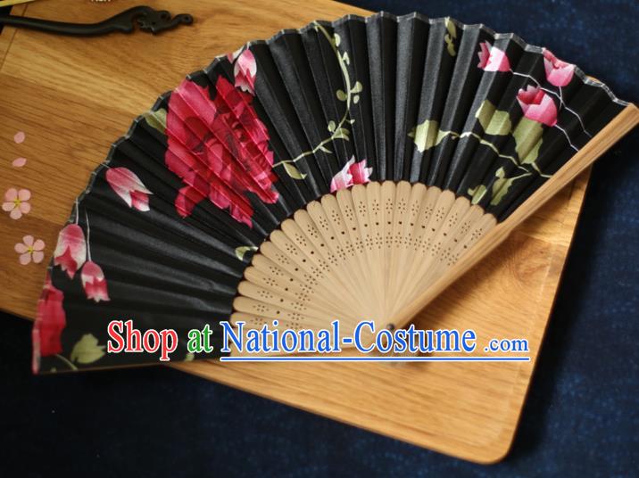 China Traditional Printing Flower Black Silk Fan Accordion Classical Folding Fan