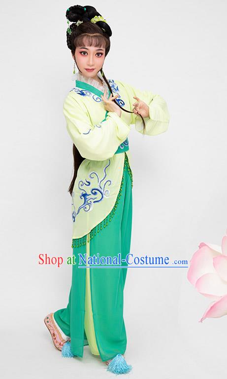 China Shaoxing Opera Actress Garment Costumes Traditional Opera Madam White Snake Xiao Qing Green Dress Clothing and Headpieces