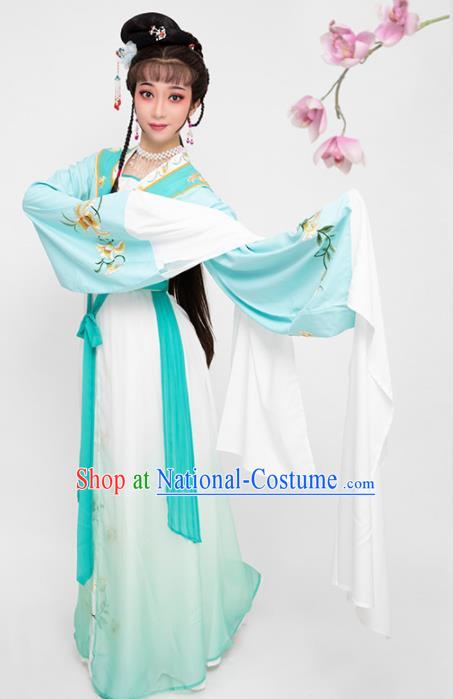 China Shaoxing Opera Young Beauty Garment Costumes Traditional Beijing Opera Diva Blue Dress Clothing and Headpieces