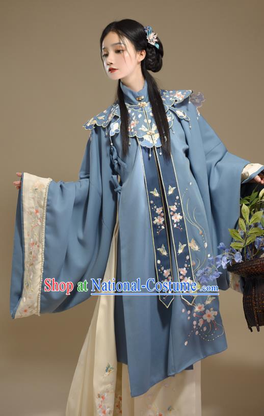 Chinese Ming Dynasty Beauty Garment Costumes Ancient Princess Hanfu Clothing Traditional Blue Gown and Skirt Complete Set