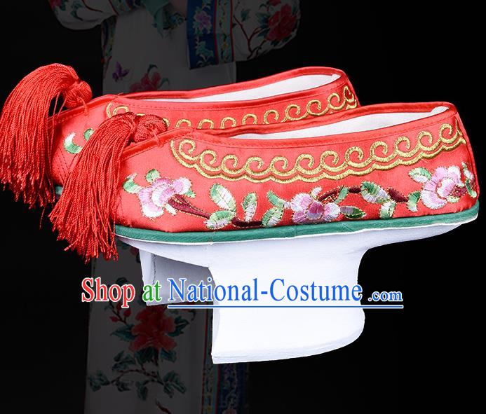 Chinese Beijing Opera Hua Tan Embroidered Shoes Qing Dynasty Princess Embroidery Shoes Traditional Opera Red Satin Shoes