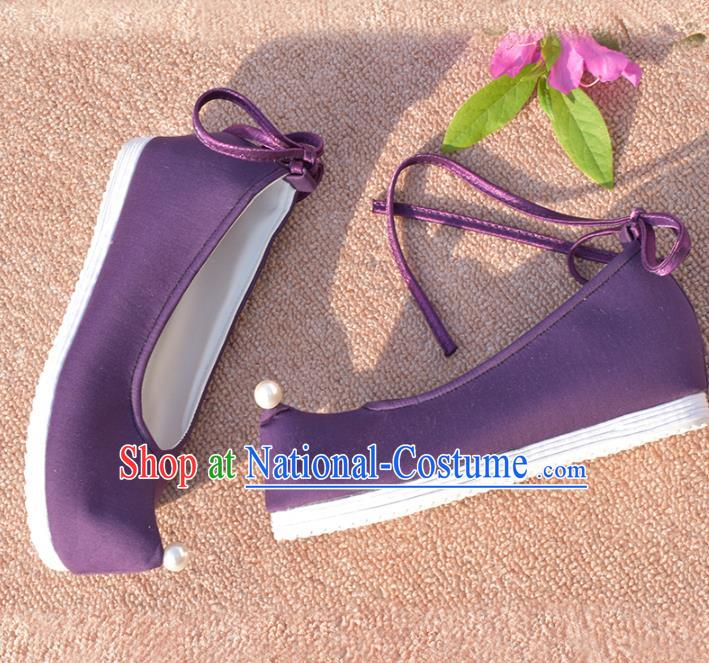 China Ancient Princess Purple Shoes National Women Bow Shoes Traditional Wedding Hanfu Shoes