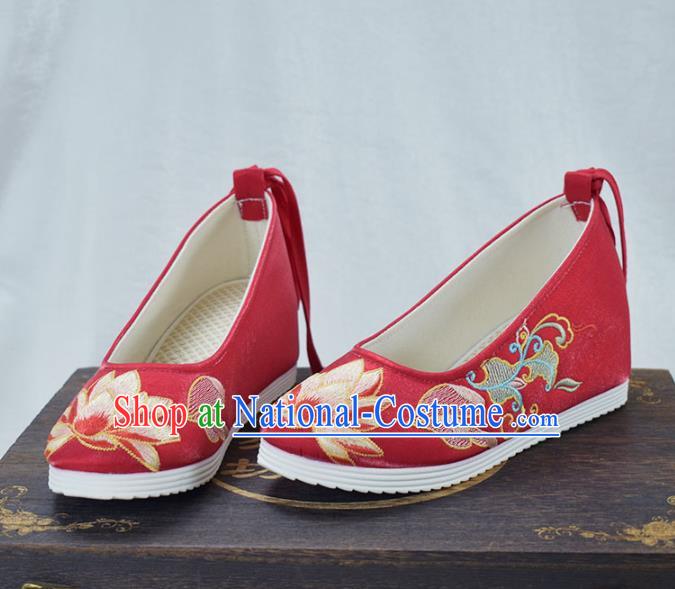 China Traditional Hanfu Increased Shoes National Embroidered Lotus Shoes Red Cloth Shoes