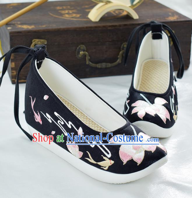 China Traditional Embroidered Lotus Shoes Women Black Cloth Shoes National Dance Shoes