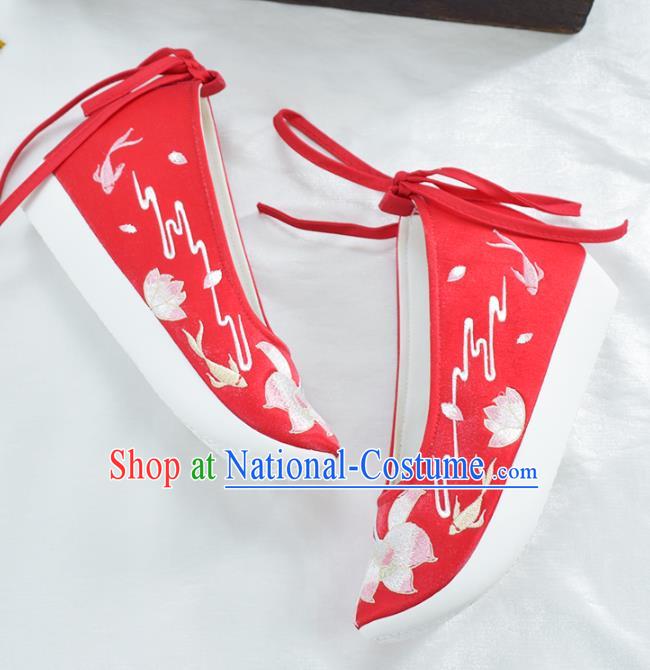 China Women Red Cloth Shoes National Dance Shoes Traditional Embroidered Lotus Shoes